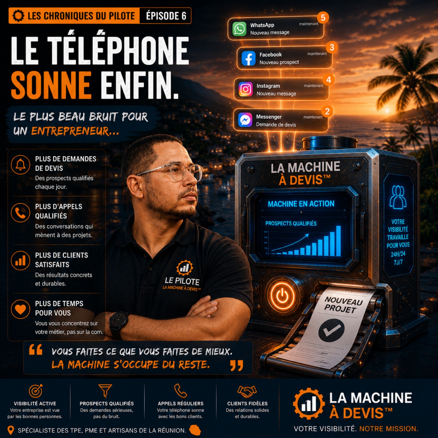 Schéma : la machine à devis transforme les publicités en appels et messages — le téléphone sonne enfin