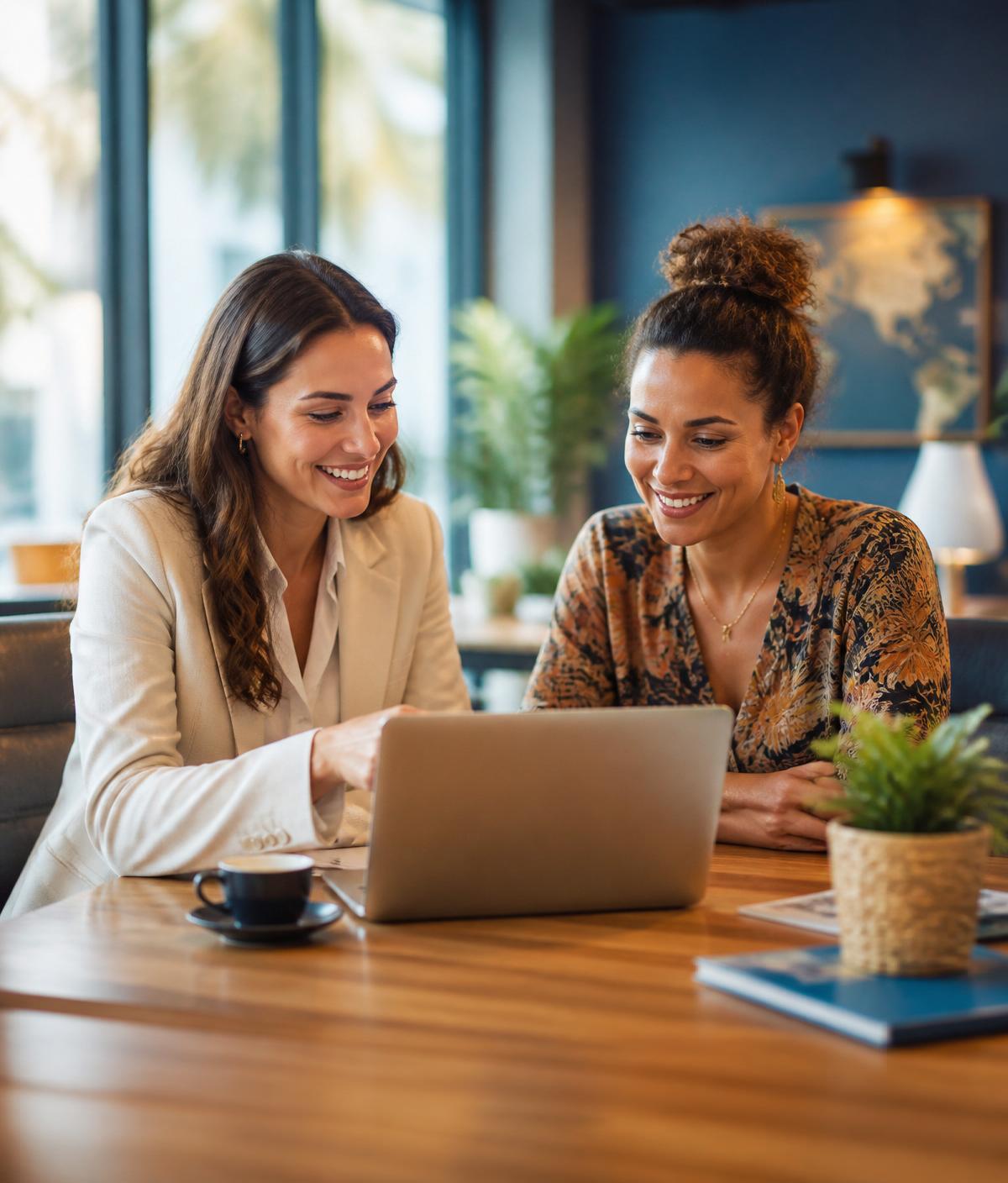 Une conseillère souriante accompagne un entrepreneur devant un ordinateur