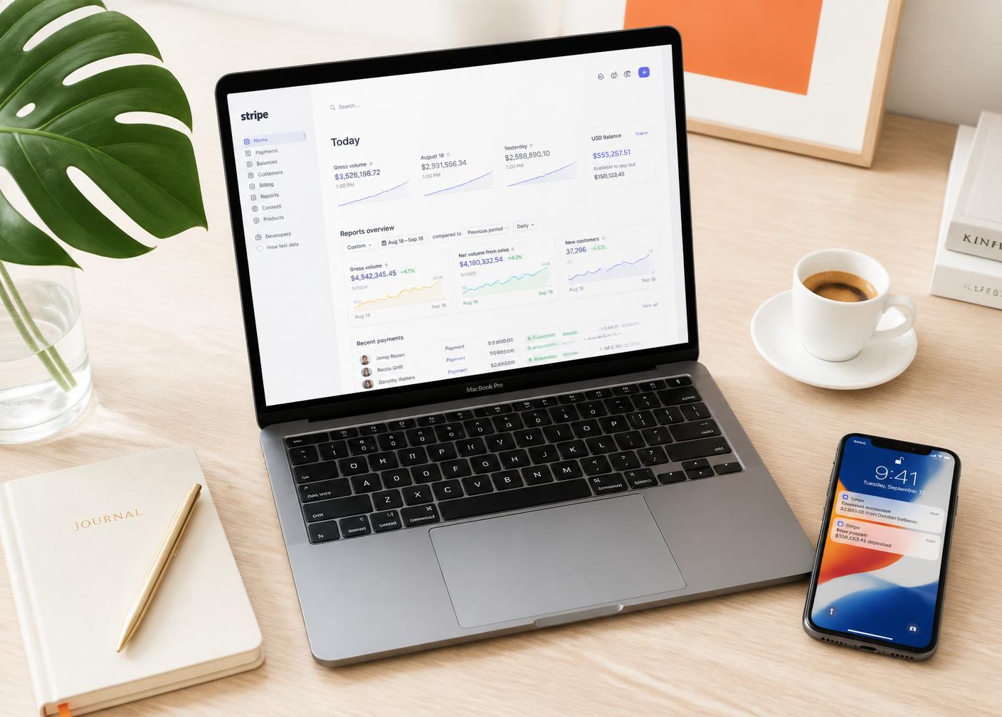 Ordinateur portable avec dashboard analytics, café et téléphone sur un bureau lumineux